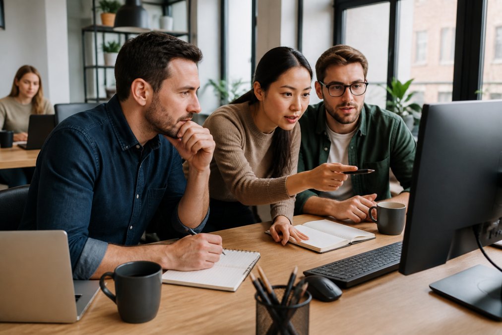 Team van webdesigners werkt samen aan een project, met notitieblok en koffie op het bureau, analyserend gegevens op monitors