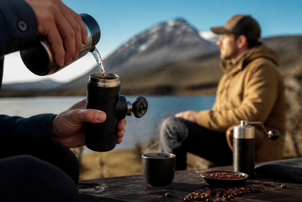 Hænder opererer en bærbar espressomaskine udendørs, vand hældes ned i portafilteret, damp stiger fra koppen mens en rejsende sidder ved et bord med kaffebønner og en lille grinder