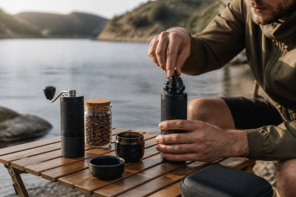 En rejsende eller outdoor-entusiast i afslappet indstilling tamper kaffe ned i en bærbar espressomaskine, med en lille grinder og kaffebønner i nærheden på et bord, naturligt lys fra siden
