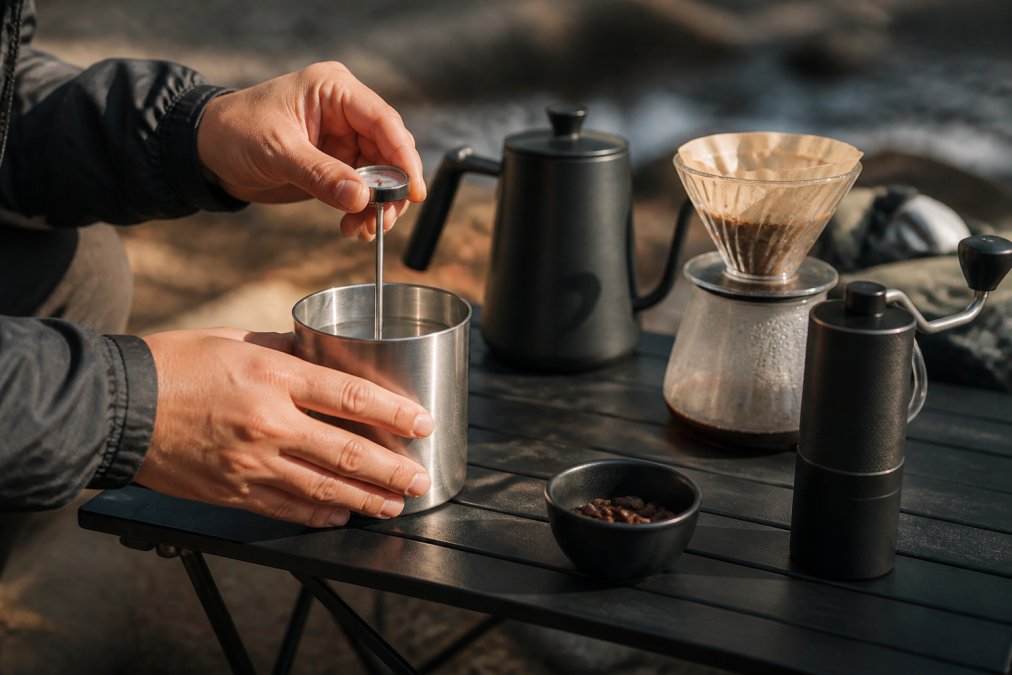 Nærbillede af hænder, der holder et termometer ned i varmt vand under outdoor-brygning, med kaffe-setup på en et campingbord i naturligt lys