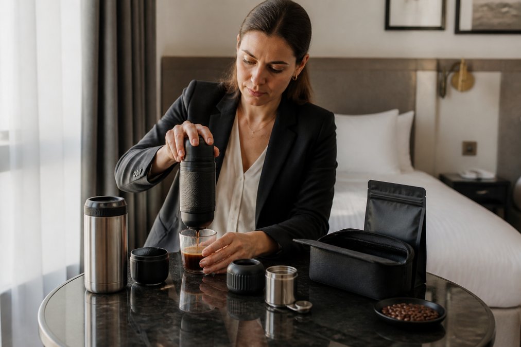Travl forretningskvinde på hotelværelse, der brygger espresso med en bærbar enhed, omkranset af gourmetkaffe, en ståltermokande og stilfuldt kaffeudstyr i naturligt lys