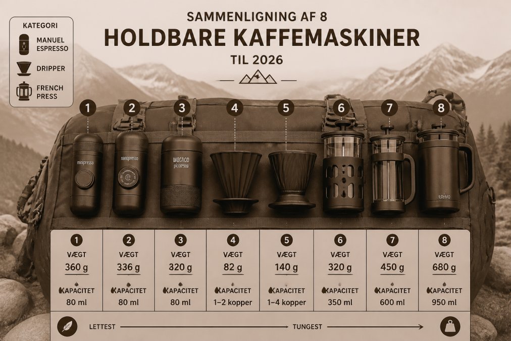 Overhead view of various portable coffee brewing devices arranged on hiking backpack with mountain landscape visible in background, showing scale and weight differences between manual espresso makers, drippers, and french presses
