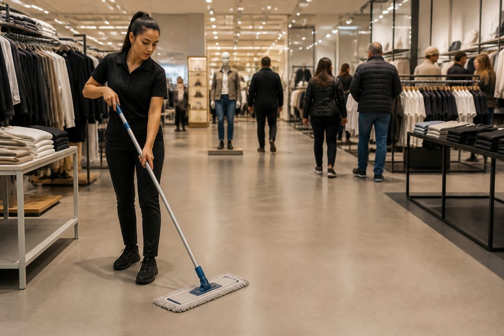 Butiksmedarbejder vasker gulv i en travl tøjbutik for at sikre optimal holdbarhed af gulvfolie over tid