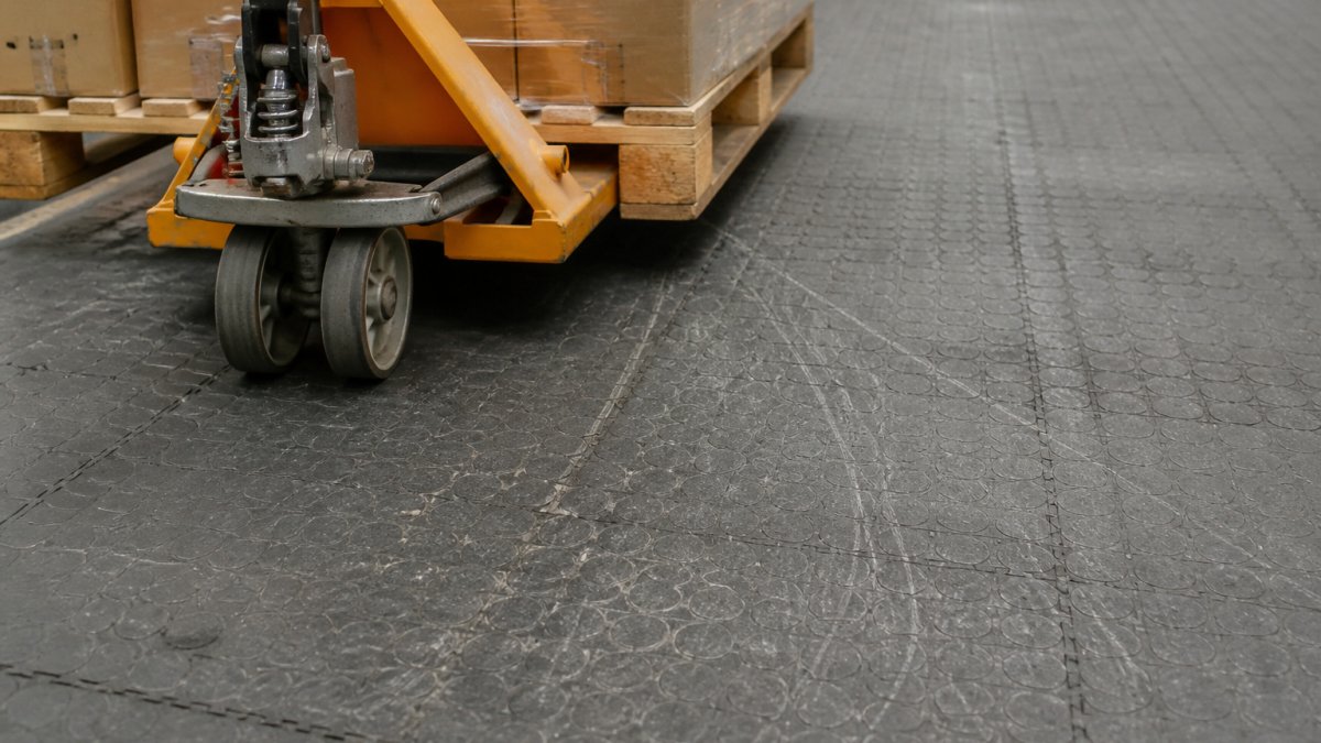 Holdbarhed af gulvtyper til lagerhaller 2 Tæt billede af en palleløfter på et industrielt PVC-flisegulv med synlige slidmærker og belastningsspor fra tung trucktrafik