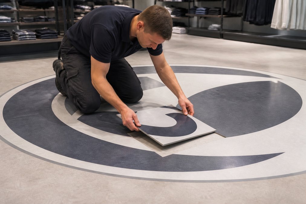Nærbillede af en teknikers hænder, der omhyggeligt udskifter en beskadiget vinylflise med et trykt logo i en lyst oplyst butik, varm belysning ovenfra, værktøj lagt frem på en ren arbejdsflade i nærheden