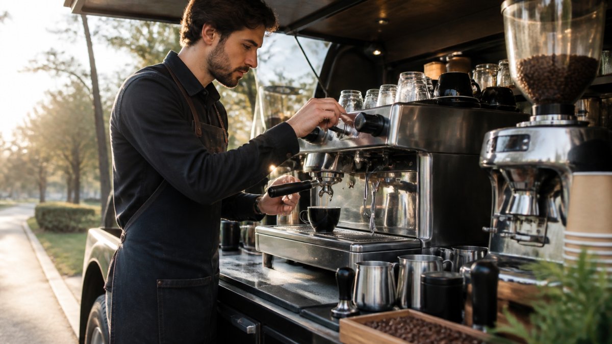 Barista i mørkt forklæde betjener en professionel espressomaskine i rustfrit stål på en mobil kaffevogn, omgivet af kaffebønner og stilfuldt udstyr, morgenlys udefra