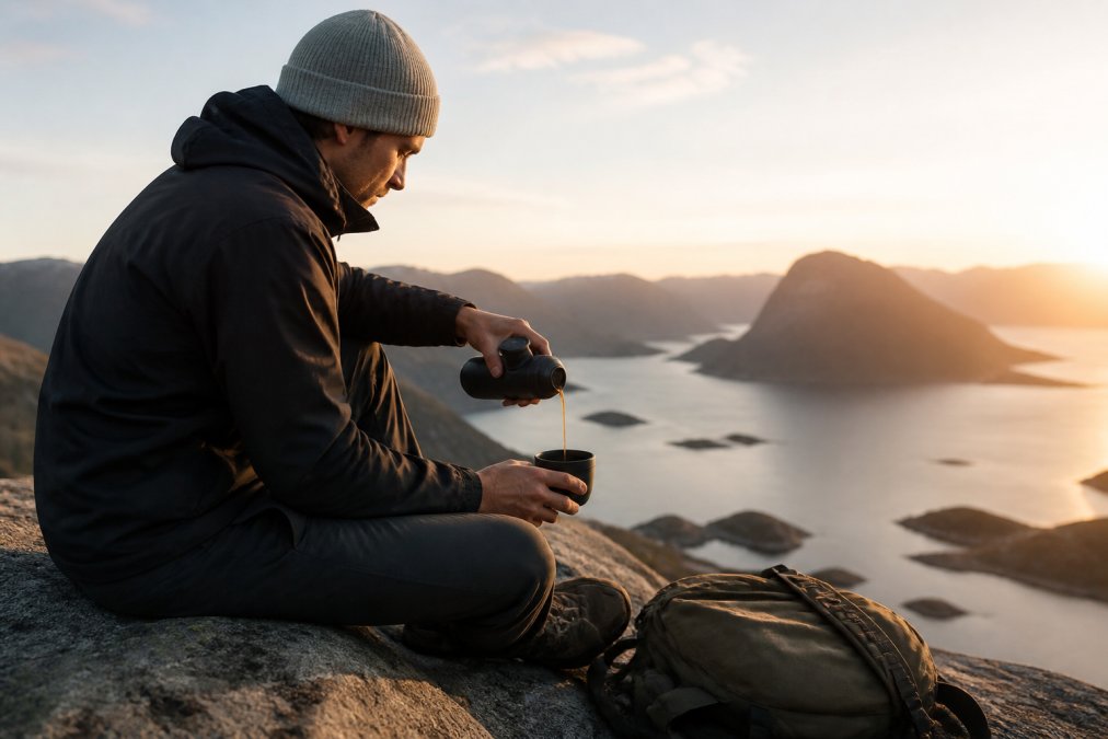 Person sidder på en klippe i naturen med en bærbar espressomaskine og en kop espresso, rygsæk ved siden af, morgenlys