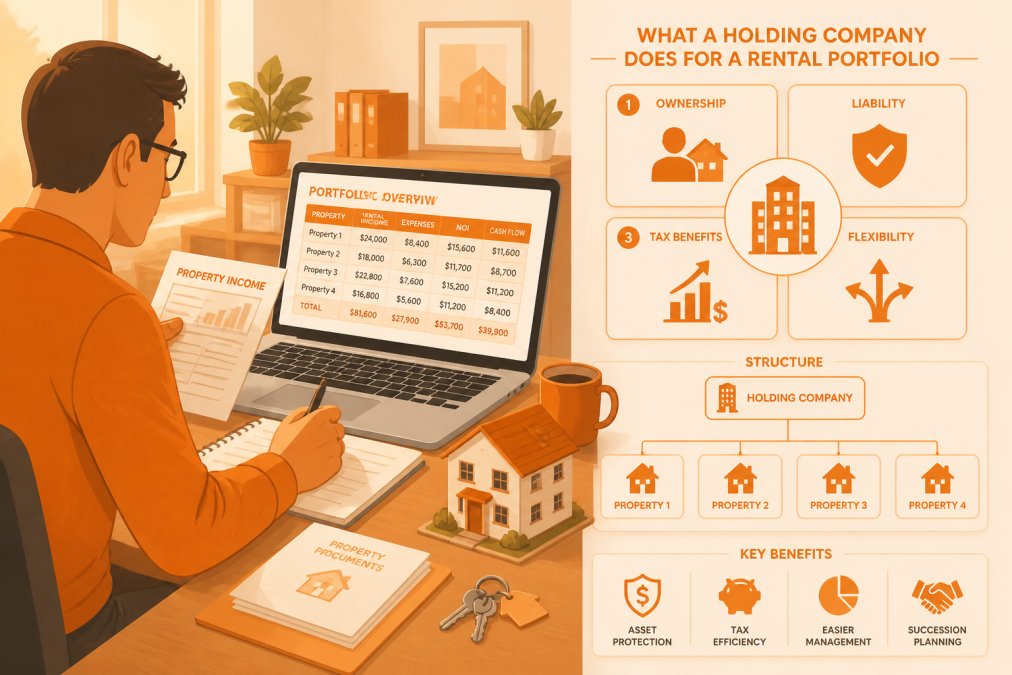 Infographic flowchart showing how a rental property holding company manages a real estate portfolio.