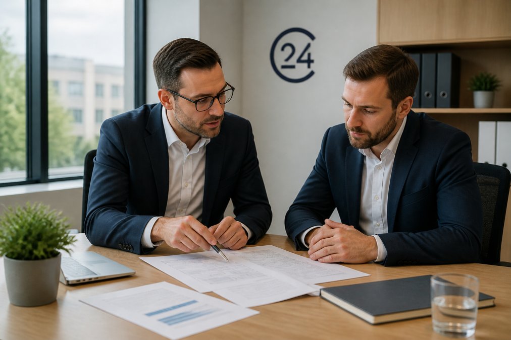 Geschäftsführer und Steuerberater besprechen Holding-Struktur an modernem Schreibtisch mit Laptop, Dokumenten und Organigramm in hellem Büro mit Fensterblick