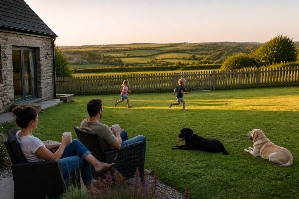 A family with two dogs relaxing in the fully enclosed garden of a stone barn conversion in Devon, children playing on the lawn, countryside views beyond the fence, late afternoon light