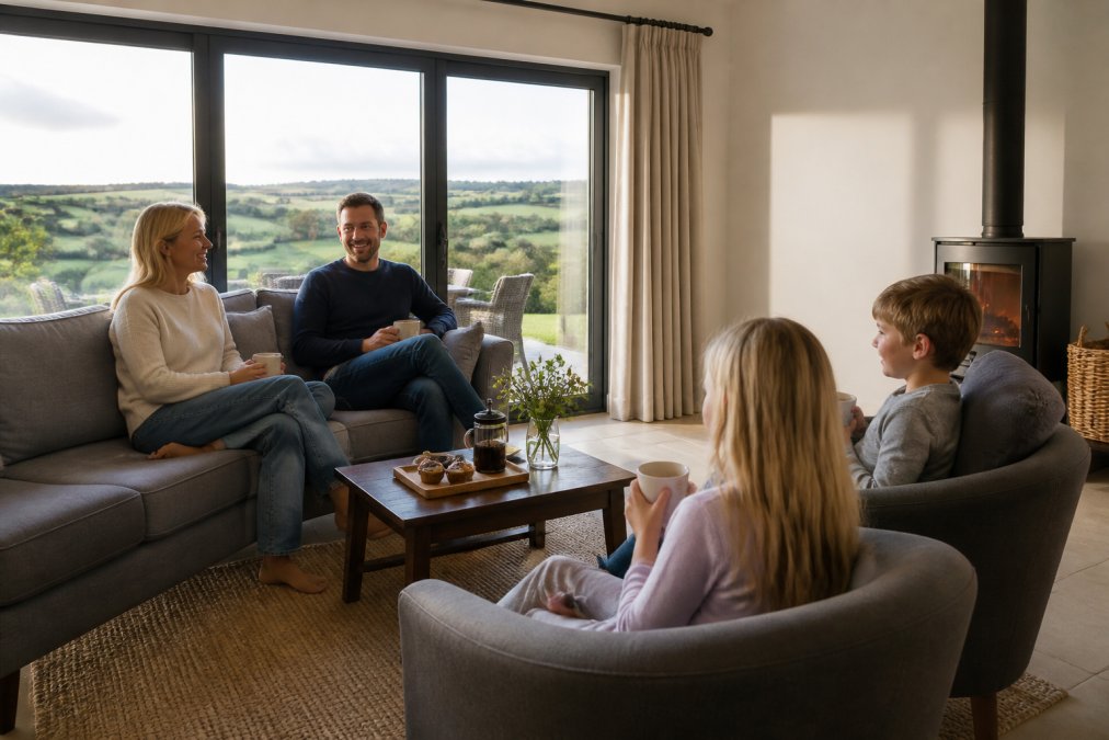 Family of four relaxing in a bright, modern living room with countryside views through large windows, comfortable seating, and a log burner visible in the background