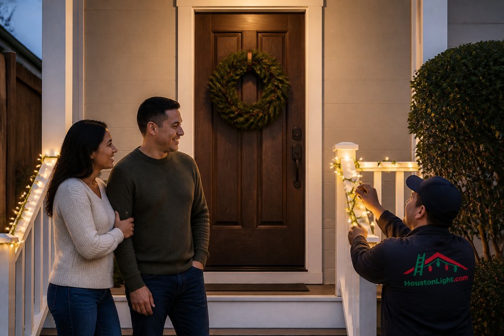 A compact front porch (approximately 5 feet wide) with a single 18-inch evergreen wreath on the door, warm white string lights along the railing, and bare wall space on either side of the door, demonstrating intentional minimalism and breathing room