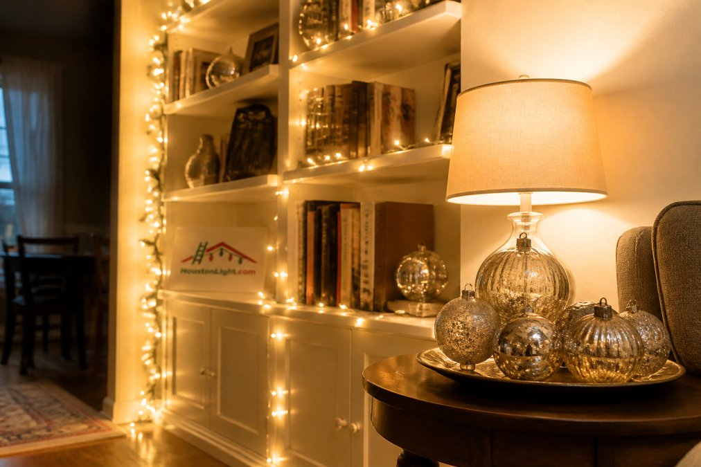 Interior living room with warm amber and white LED string lights draped along a bookshelf, mercury glass ornaments on a small side table, and soft lighting creating a cozy holiday atmosphere in a compact space