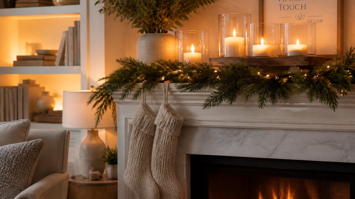 Cozy living room mantel adorned with greenery garland, glass candle holders, and a wooden candle plate at dusk.