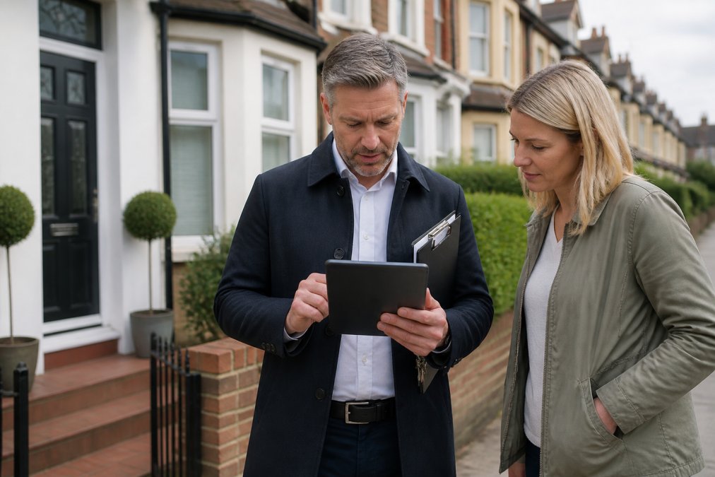 A property manager in professional attire reviewing a tablet with property details outside a well-maintained terraced house, clipboard and keys visible, bright daylight