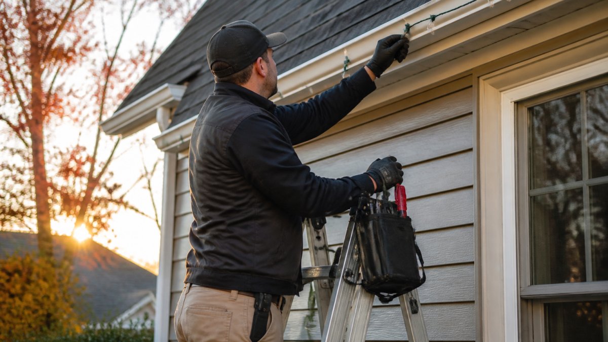 A technician on a ladder inspecting a strand of holiday lights on a home exterior, with a clipboard and tool bag nearby, late-afternoon light