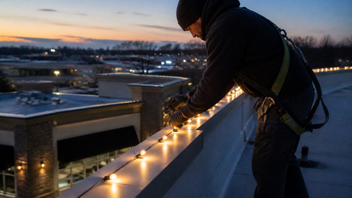 Professional installer on a roofline at dusk, securing holiday light strings along the edge of a commercial building's architectural features with warm white lights creating a defined perimeter glow