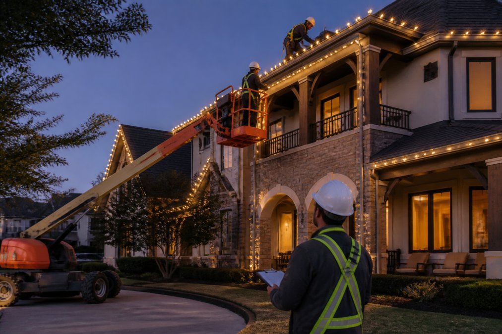 Professional crew using a boom lift for holiday lighting for HOAs 2026 on a community clubhouse roofline.