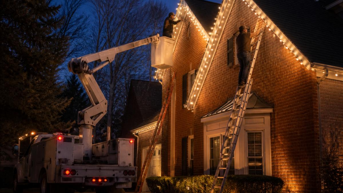 Crew installing warm white LED strands on a roof to manage holiday lighting installation cost effectively.