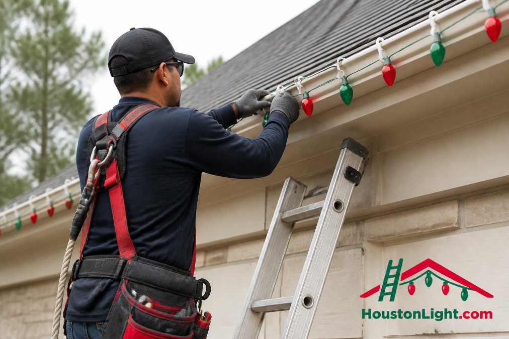 Professional installer on residential roofline securing holiday light strands with proper ladder positioning and safety harness, attaching clips to roof edge with organized light strand arrangement