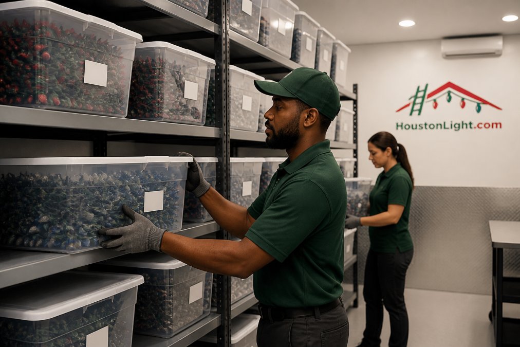 Organized holiday light storage facility with neatly coiled light strands in labeled plastic bins stacked on shelves in climate-controlled room with soft overhead lighting