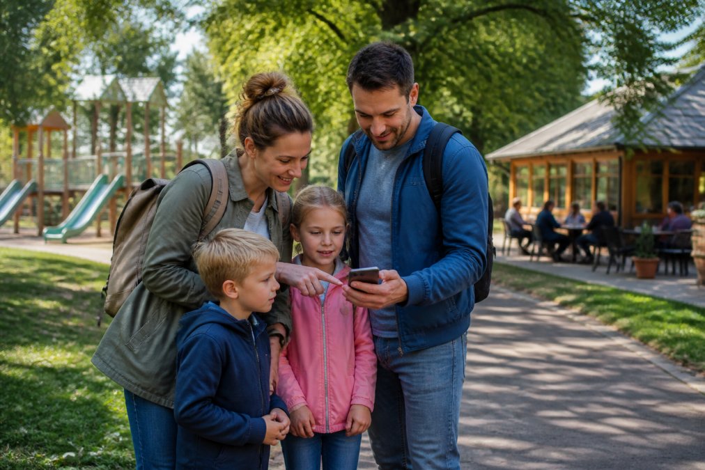 Family using a smartphone map for holiday planning while walking through a leafy park in Hemel Hempstead.