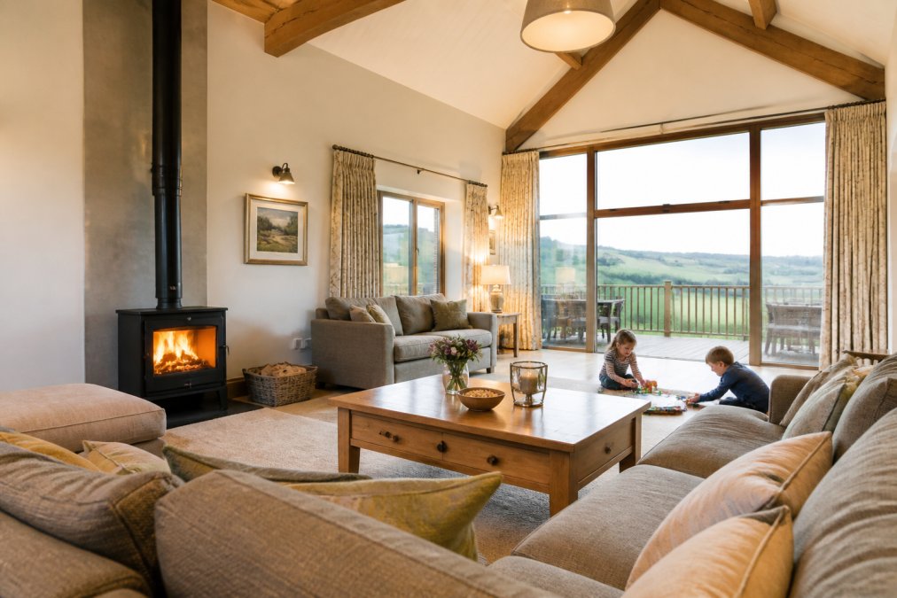 A spacious, bright living room with comfortable seating, children playing safely in an open-plan space, countryside views through large windows, warm lighting from a log burner