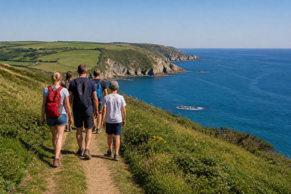 A family or group of adults walking along a dramatic coastal cliff path with sea views, green headlands, and blue ocean in the background, sunny day with clear visibility