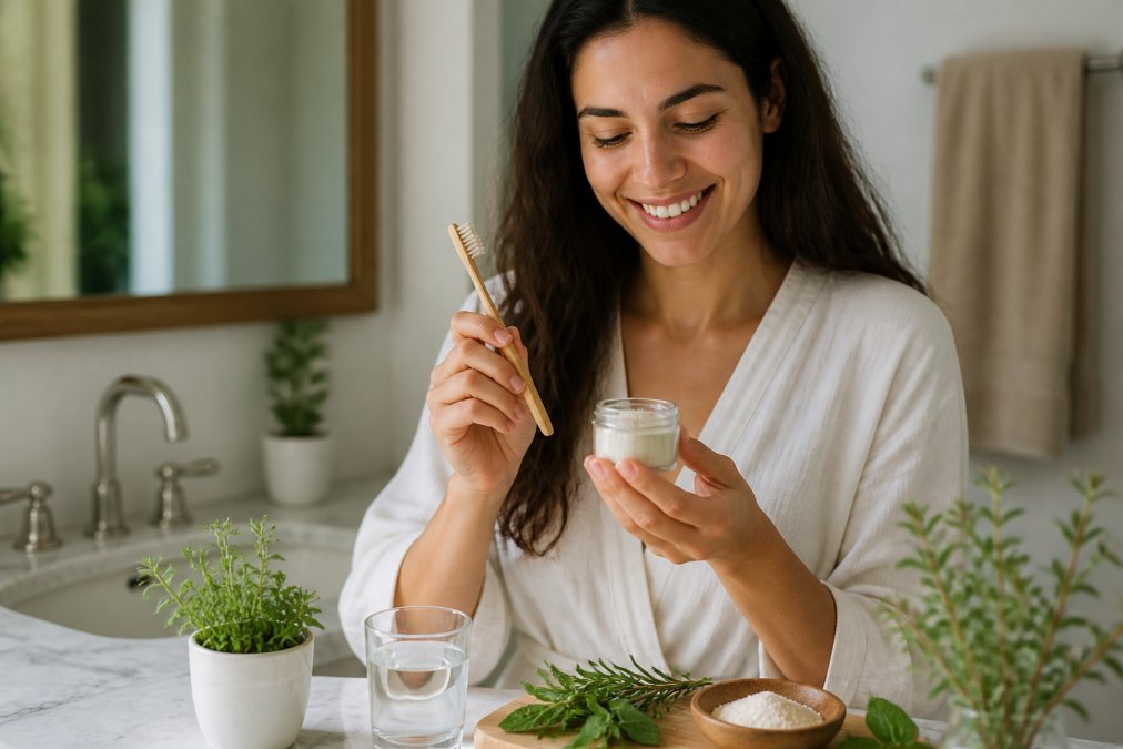 Person holding bamboo toothbrush and toothpowder for a holistic approach to dental hygiene in a bright bathroom