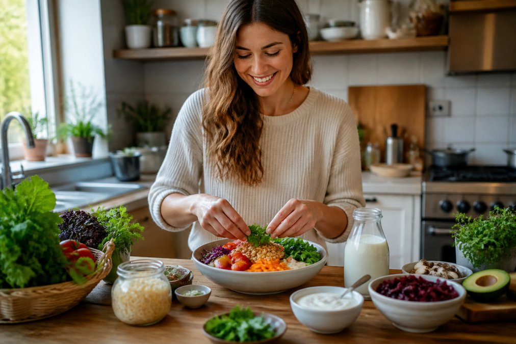 Person preparing a colorful bowl of fresh vegetables and yogurt as part of a holistic approach to treating gut health issues