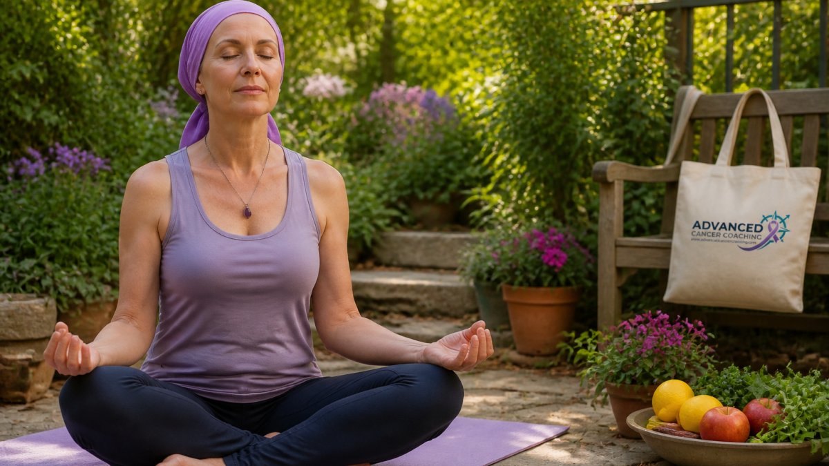 Person practicing deep breathing in a garden to support holistic cancer recovery and emotional well-being.