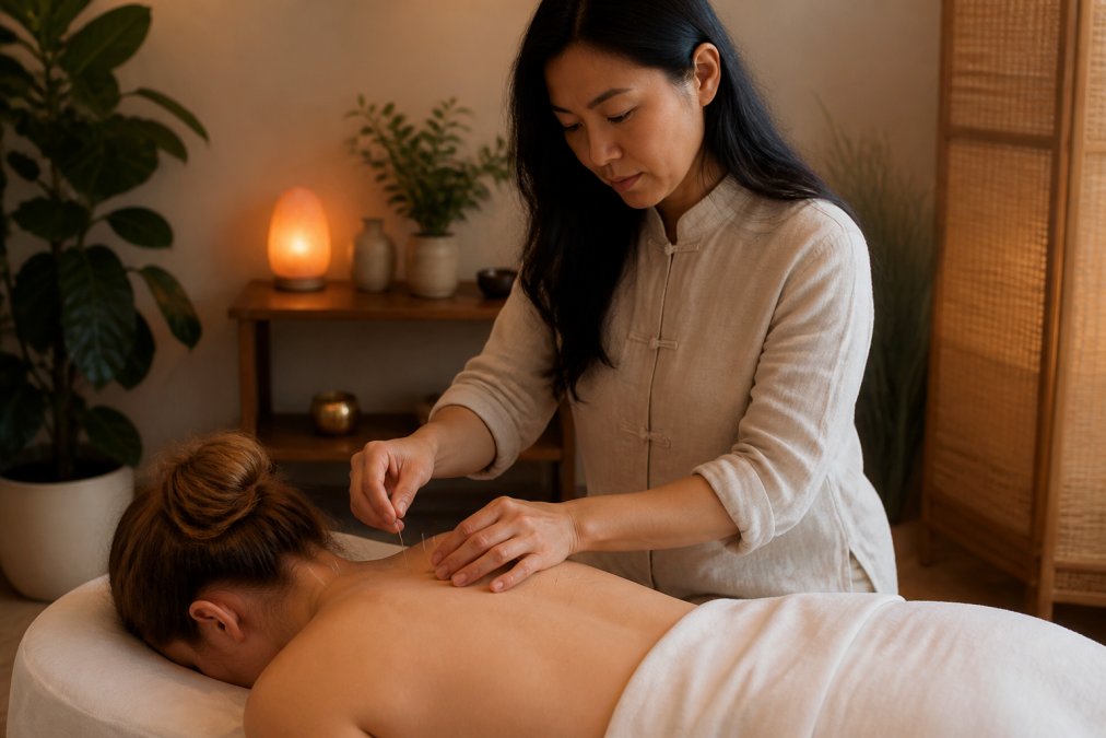 Licensed acupuncturist performing treatment on patient in softly lit treatment room with warm lighting, plants, and calming ambiance