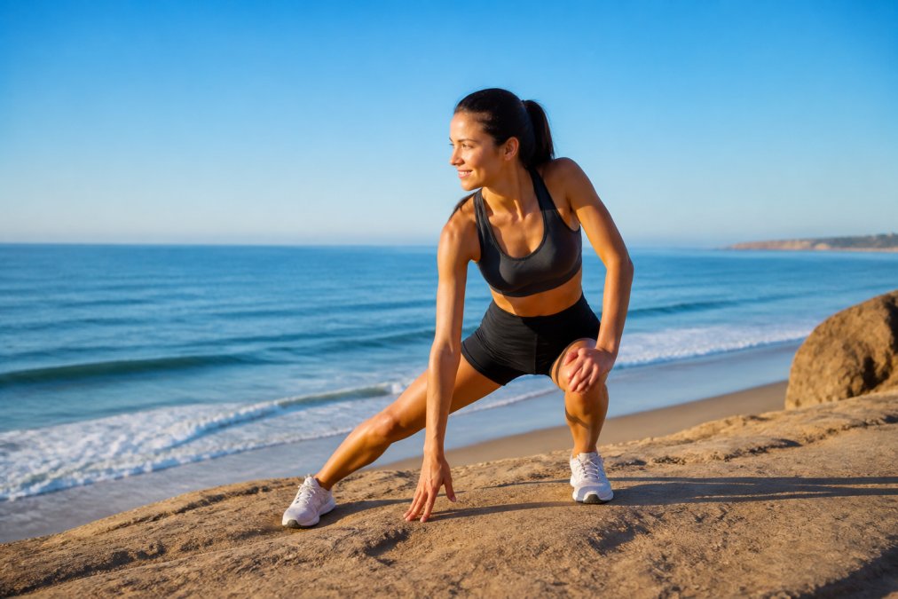 Active individual stretching and exercising on Pacific Beach with ocean in background, demonstrating functional movement and recovery