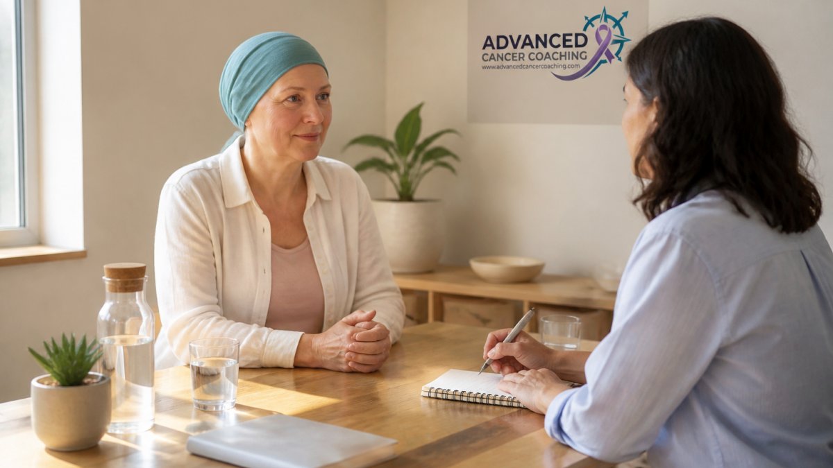 A calm coaching session between a health coach and a cancer patient at a sunlit table, notebook and water glasses in view, warm supportive atmosphere