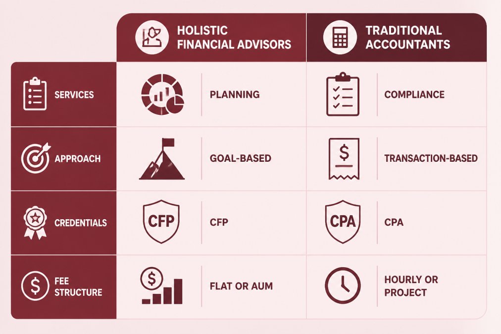 Comparison matrix contrasting holistic financial advisors vs traditional accountants across four criteria: services (planning vs compliance), approach (goal-based vs transaction-based), credentials (CFP vs CPA), and fee structure (flat or AUM vs hourly or project)
