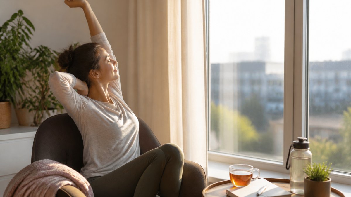 Person sitting by a window with a cup of tea, stretching gently in morning light, with a journal and water bottle nearby on a side table