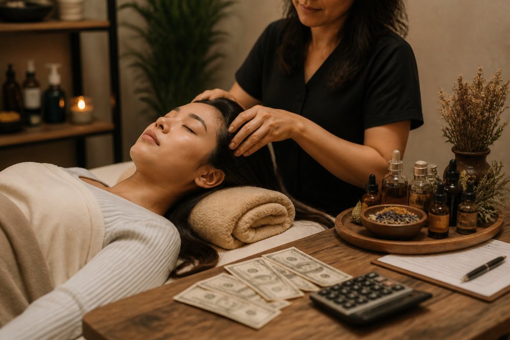 Infographic visualizing holistic hair restoration cost through a scalp treatment process and pricing breakdown