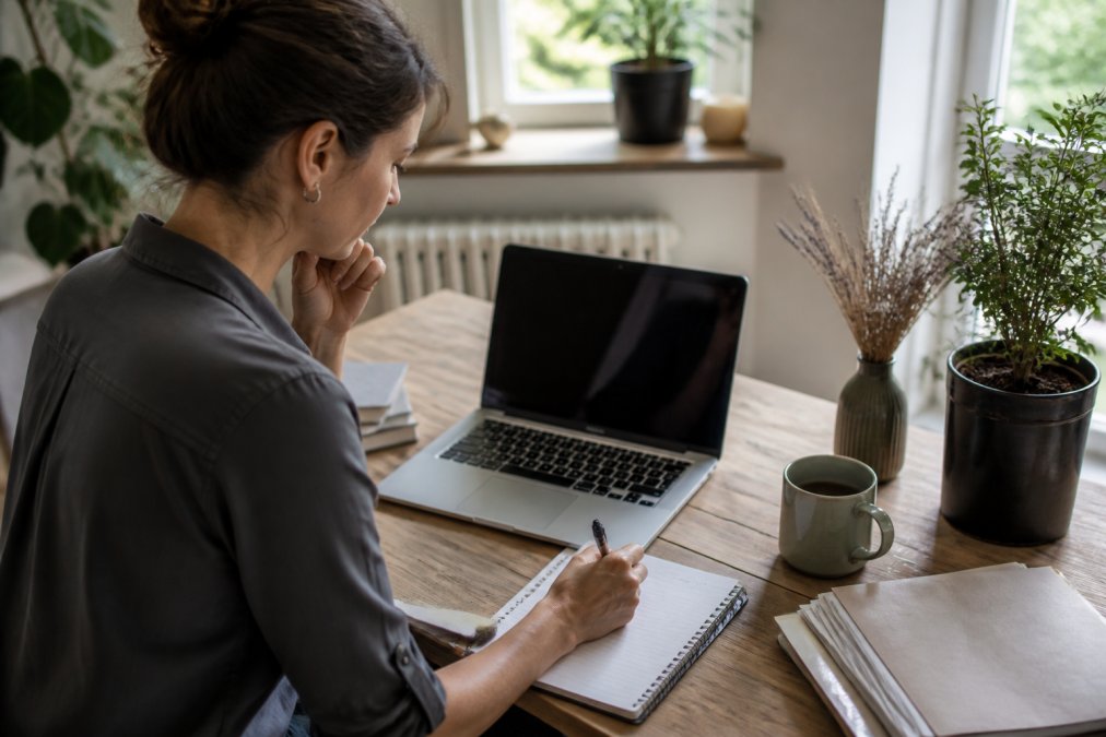 Person reviewing notes and credentials on a laptop while taking notes, representing research and evaluation of holistic practitioners in a home office with natural lighting