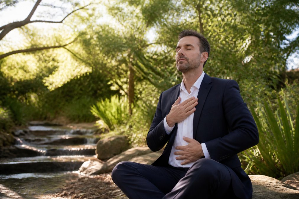 Business professional sitting in serene natural setting with eyes closed, practising deep breathing exercises with calm posture, surrounded by greenery and soft natural light filtering through trees
