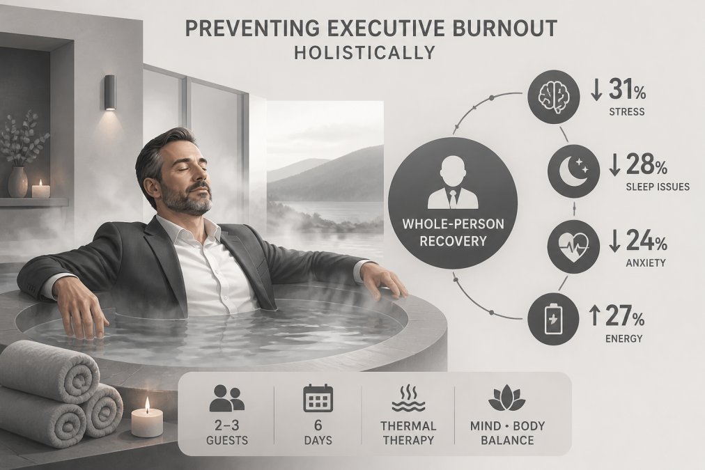 High-level executive in professional attire relaxing in thermal wellness environment with steam and warm lighting, showing visible relaxation and peaceful expression on face