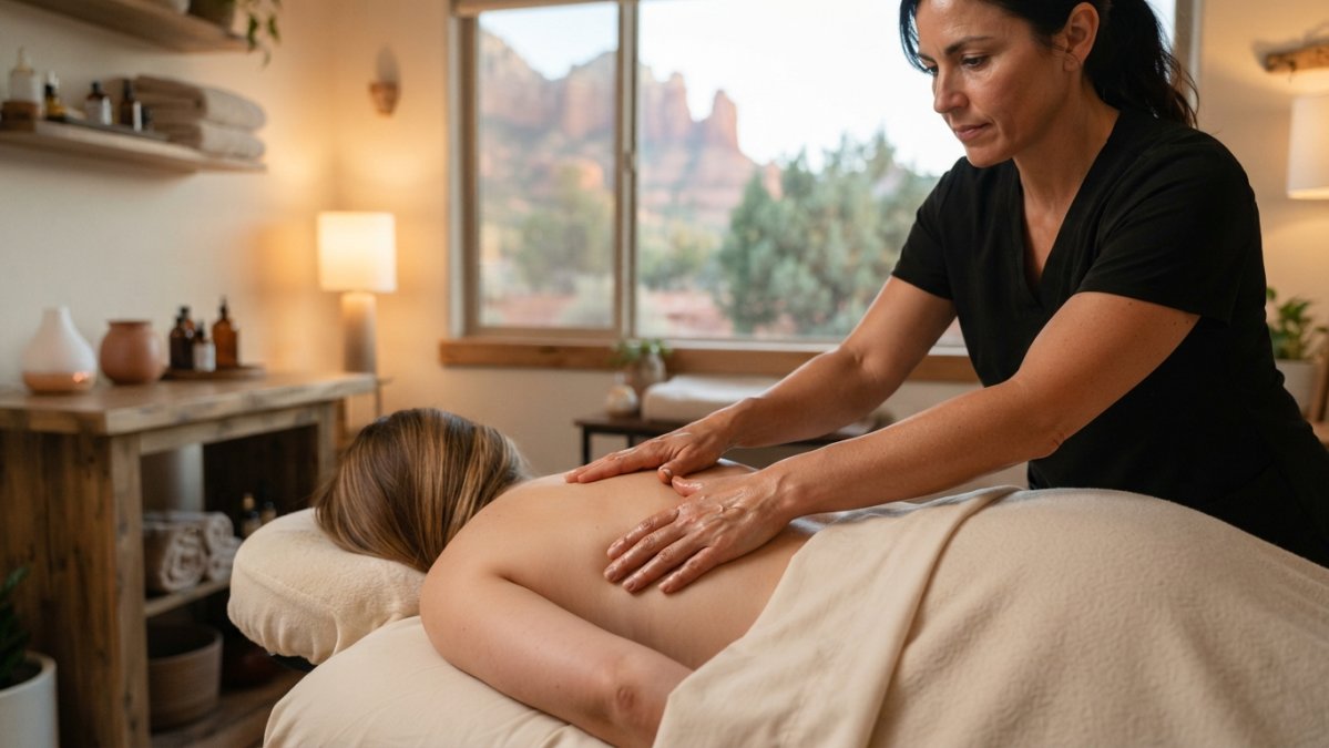 A therapist's hands applying gentle pressure to a client's back on a massage table in a calm, softly lit room with natural wood accents and desert views through a window
