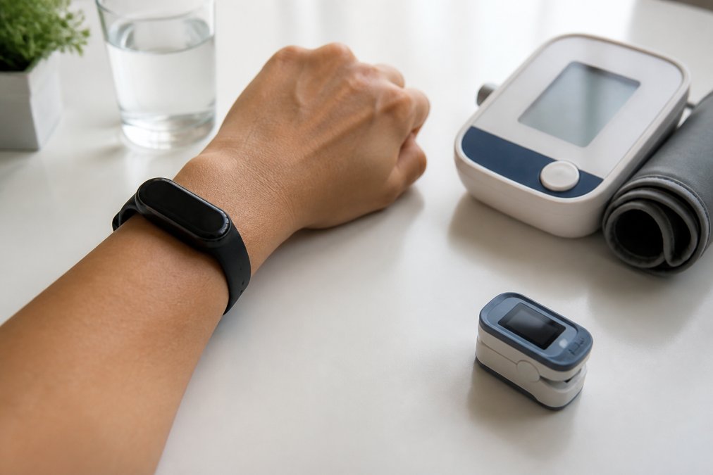 Close-up of a person's wrist wearing a health tracking wearable device, with a blood pressure monitor and pulse oximeter on a clean white desk beside a glass of water