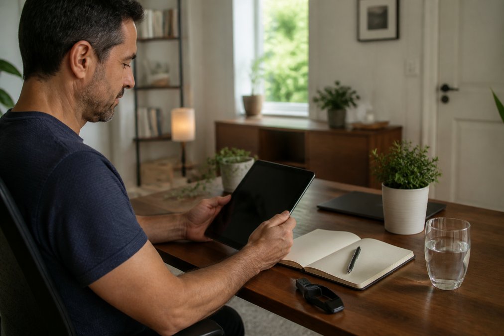 Health-conscious adult sitting at a home desk reviewing wellness data on a tablet, surrounded by a sleep tracker, journal, and a glass of water in a calm, well-lit room