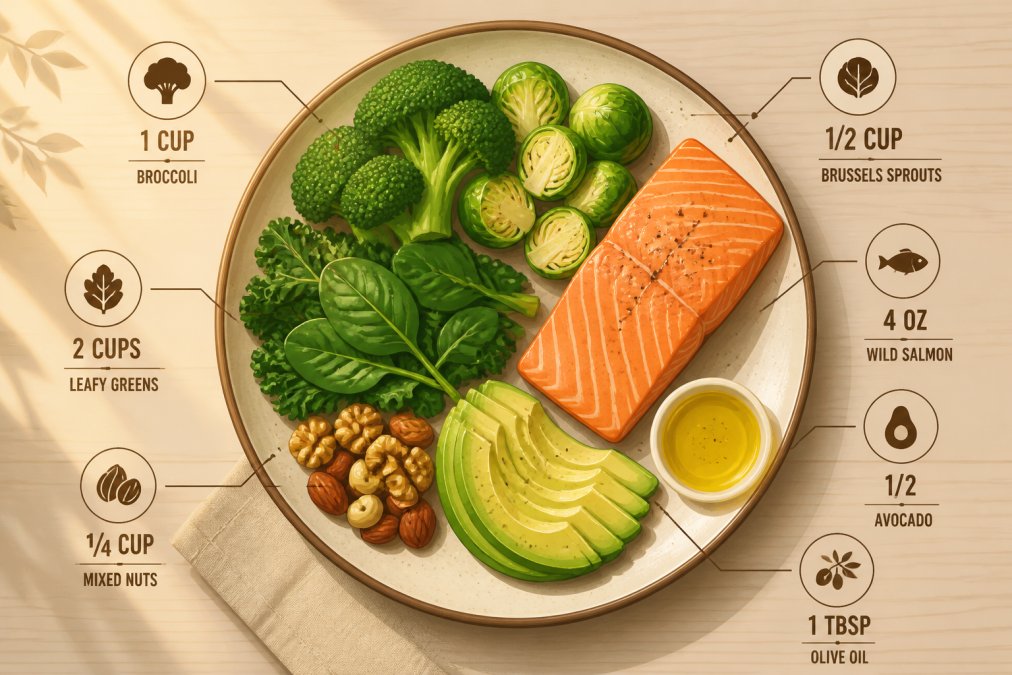 Overhead shot of a colorful plate featuring fresh cruciferous vegetables like broccoli and Brussels sprouts, leafy greens, wild-caught salmon fillet, sliced avocado, mixed nuts, and olive oil drizzle on a natural wooden table with warm morning sunlight