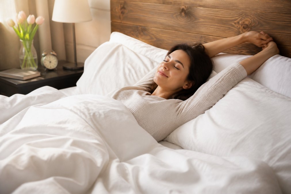 Woman in a peaceful bedroom with soft, warm morning light streaming through sheer curtains, appearing relaxed and well-rested in clean white bedding, suggesting quality sleep and hormonal wellness