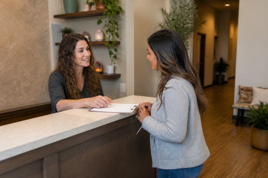 Healthcare professional and patient having transparent conversation about billing and payment plans at clinic reception area with professional, welcoming atmosphere