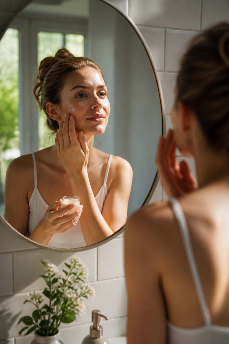 A woman with calm, clear skin gently applying a small amount of natural balm to her cheek while looking into a bathroom mirror in soft, natural morning light
