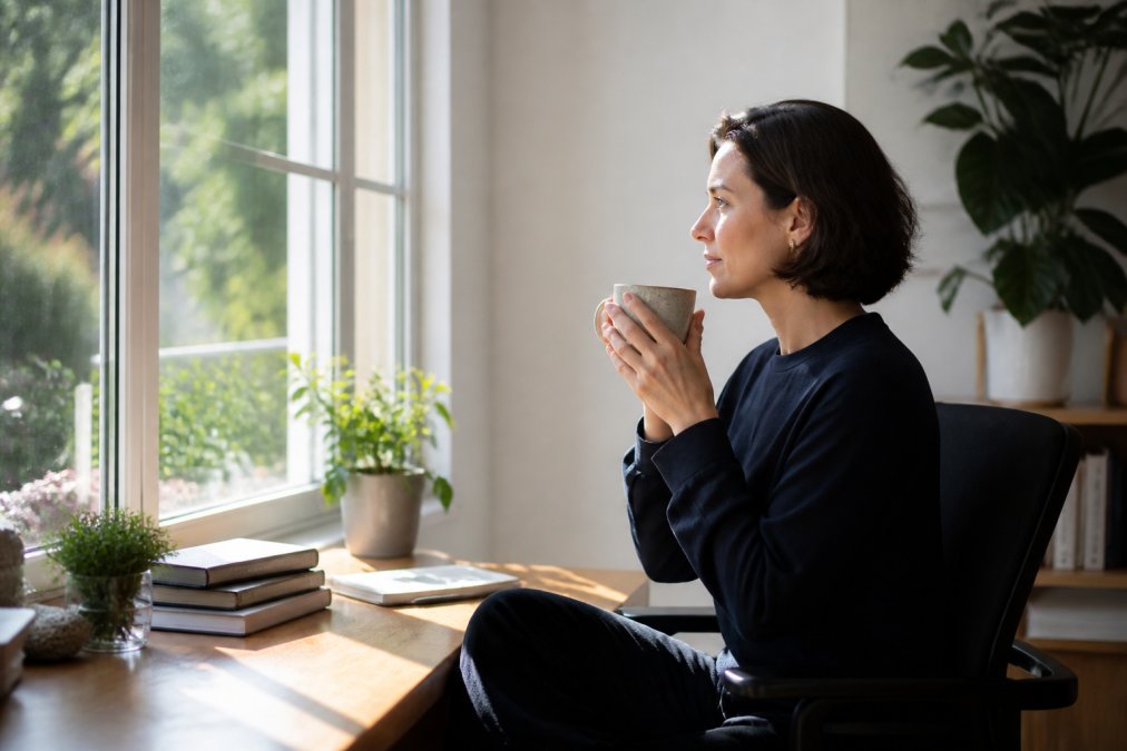 A woman sits at a desk with a cup of tea, looking out a window in daylight.