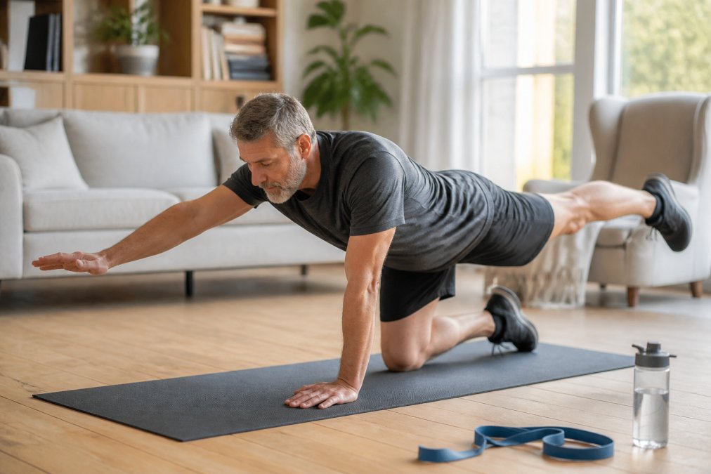 Middle-aged person performing core stabilization exercises on a yoga mat to support holistic recovery at home.
