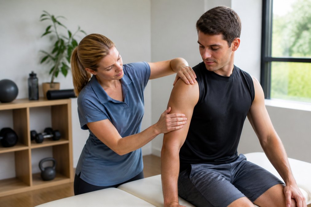 Licensed massage therapist performing soft tissue mobilization on athlete's shoulder in bright clinical wellness setting with natural lighting